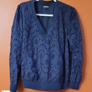 Express Navy Eyelet V-Neck Pullover Sweater